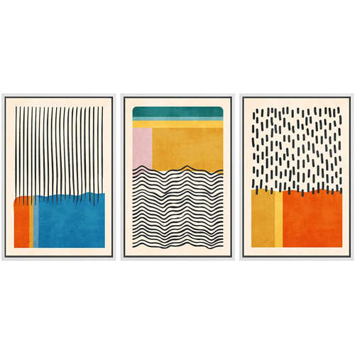 Mid Century Modern Multicolor Block Colorful Framed Abstract Geometric Canvas Print Wall Art. Framed On Canvas 3 Pieces 